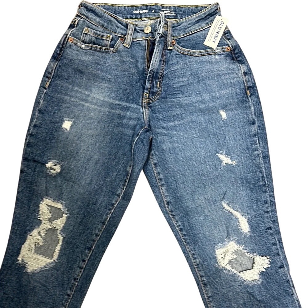 Old Navy Womens Curvy Sky-Hi‎ Straight Distressed Jeans Medium Wash Size 0 NWT